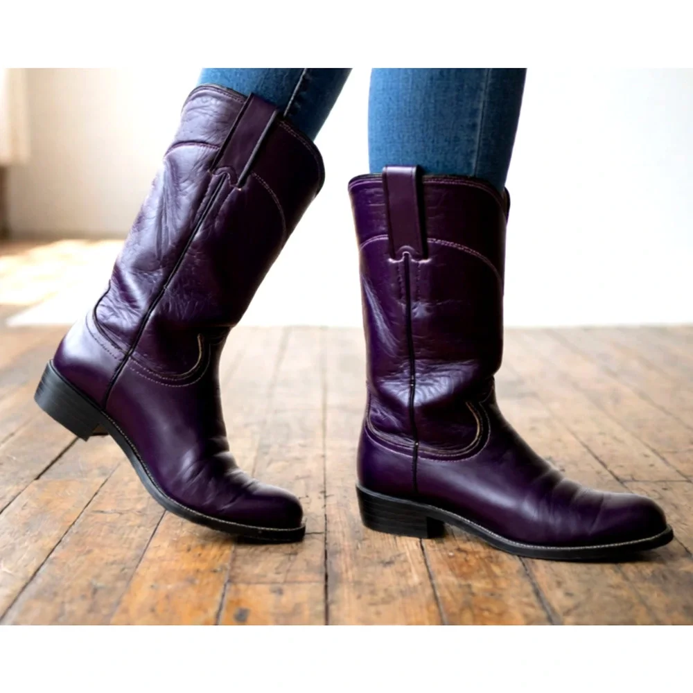 Vintage Justin L3081 Purple Leather Cowboy Western Roper Boots 7